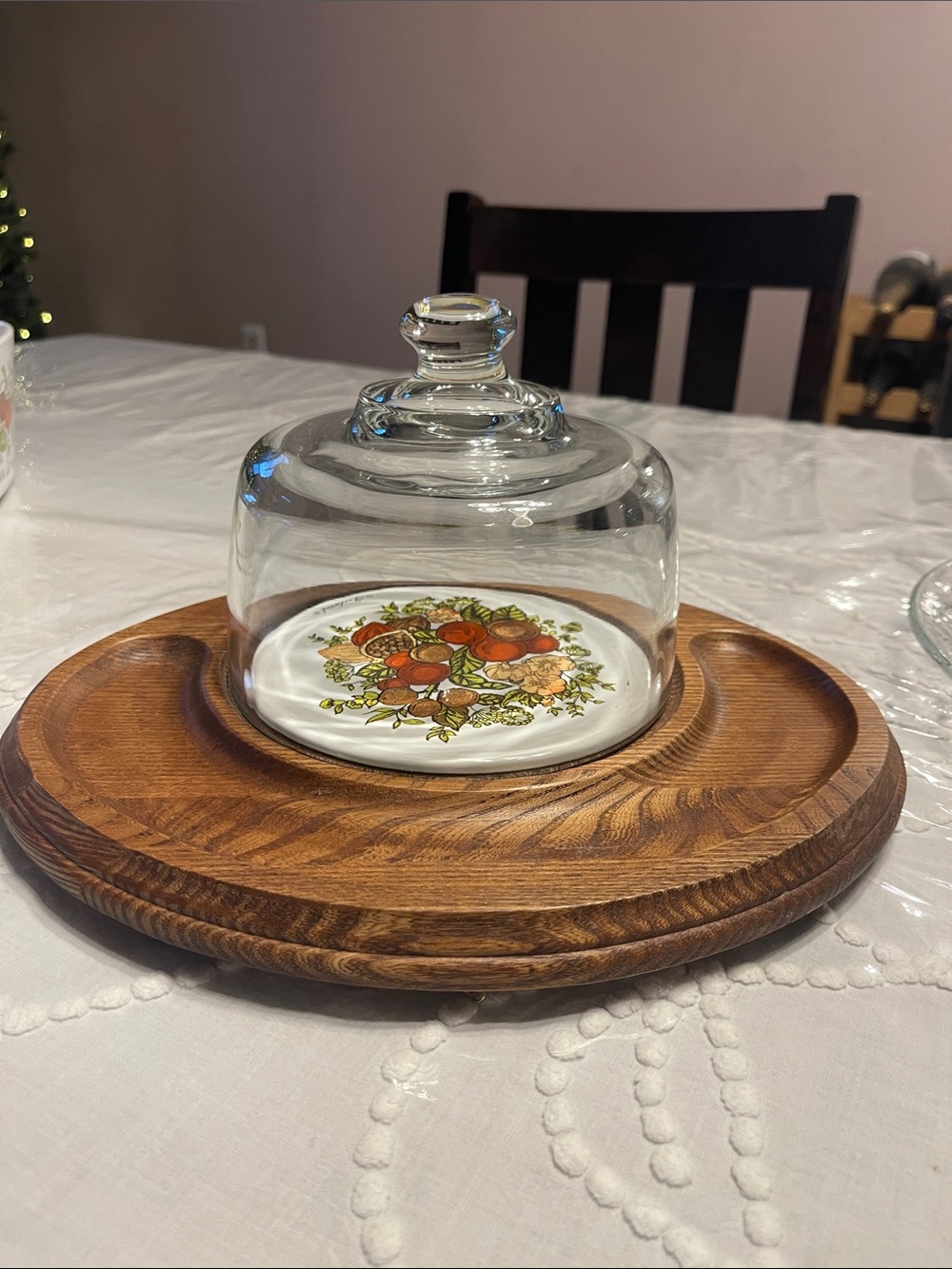 Corningware Orange Floral Ceramic Plate with Clear Glass Dome and Wooden Base